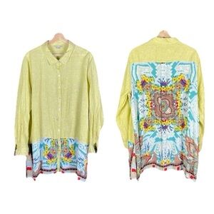 John Mark 2X Colorful Vibrant Linen Tunic Top Boho Coastal Lagenlook Long Sleeve